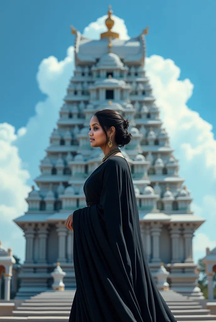 Wearing black saree background tample tere blue sky