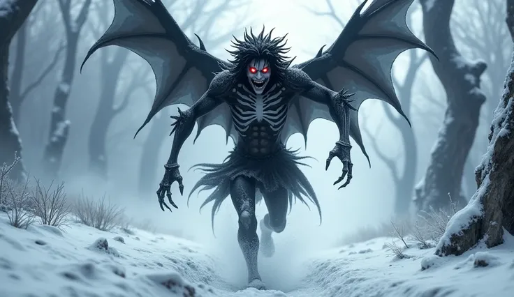 Ryuk, the eerie Shinigami from Death Note, sprints toward the camera through a desolate, snow-covered landscape. His glowing red eyes pierce through the icy mist, and his sharp-toothed grin stretches wide with sinister delight. His black, tattered wings sp...