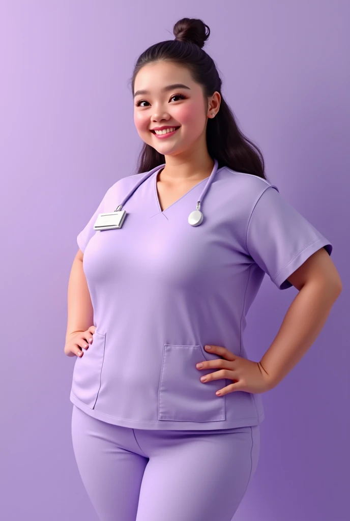 A plump girl in a lavender medical suit, a cosmetic esthetician, purple background