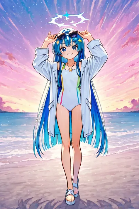 Anime girl, 6 head tall, long straight colorful sky blue hair, sky blue eyes, sexy smile, star on hair, flat chest, full body white swimsuit, sunglasses on hair, wearing star necklace, wearing white coat unzip