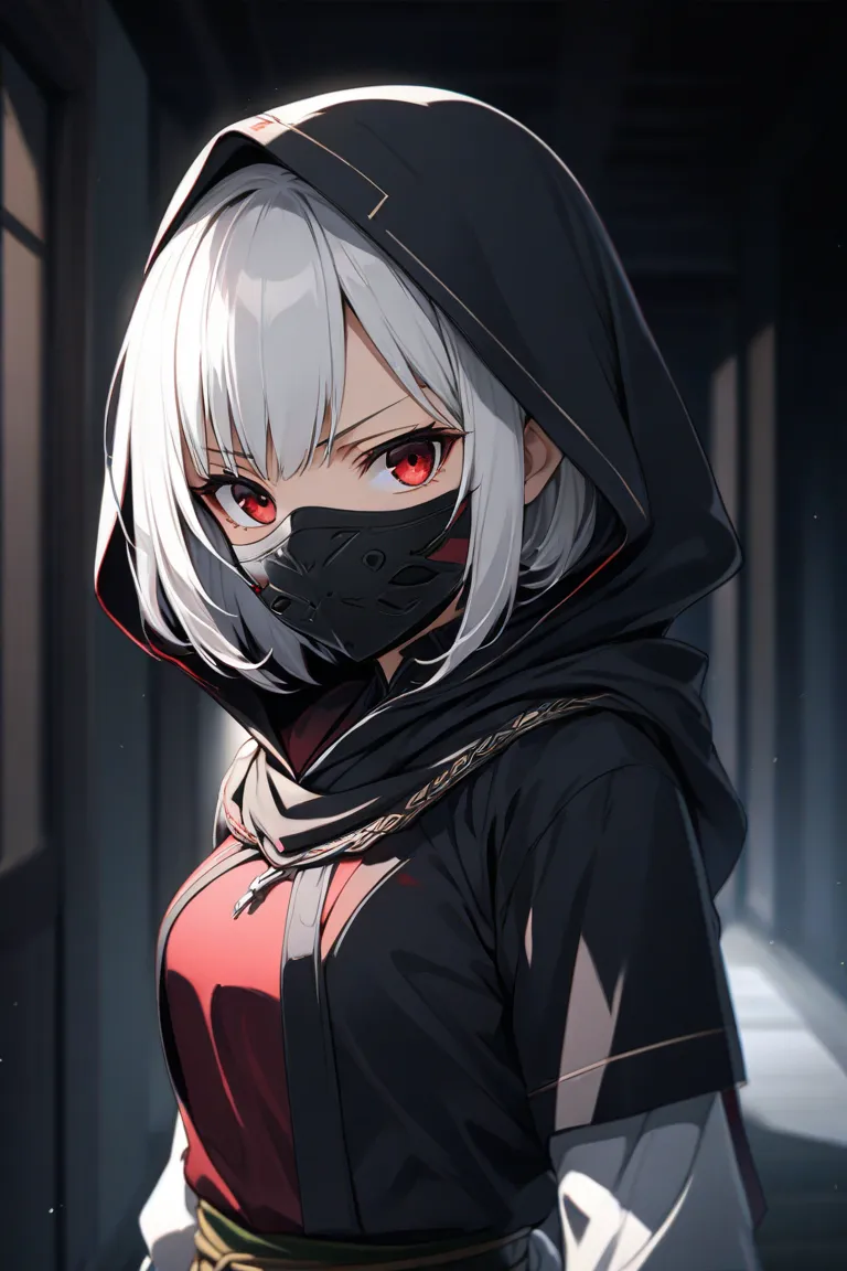  Solo, a japanese young girl, white short hair, quiet hall room, dark environment, red eyes, Hood, Depth Of Field, anime style, assassin uniform, veiled, serious, maskered, High Resolution, High Quality, HD