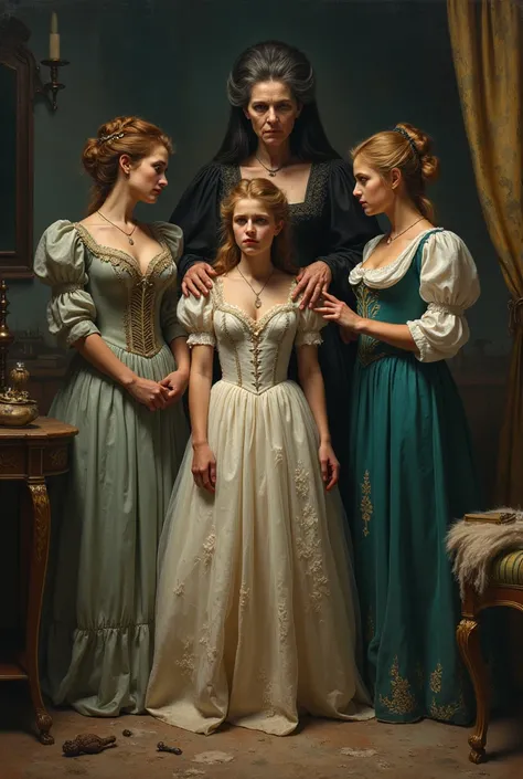 Image of Cinderella in a dirty dress and her 2 stepsisters and stepmother look at her