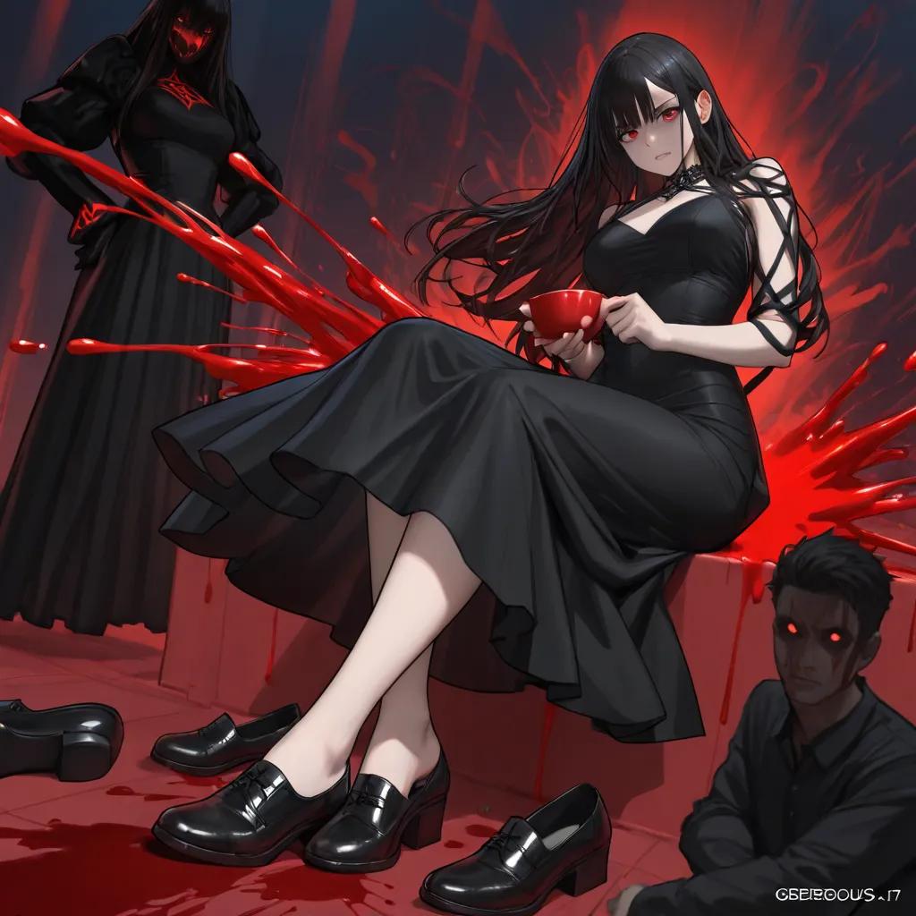 Black hair, long hair, red eyes, blood stains on the face, killer, gorgeous black dress, shoes all over