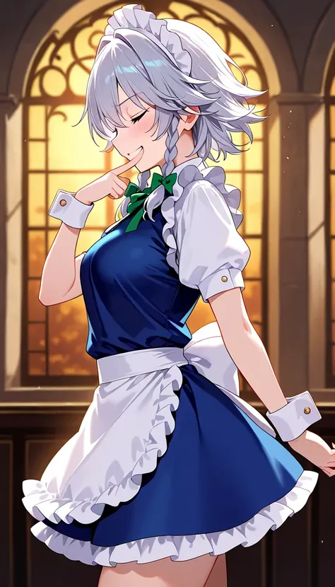 high resolution, 1girl, izayoi sakuya,  closed eyes, blue eyes, wrist cuffs, cowboy shot, forced smile, from side,