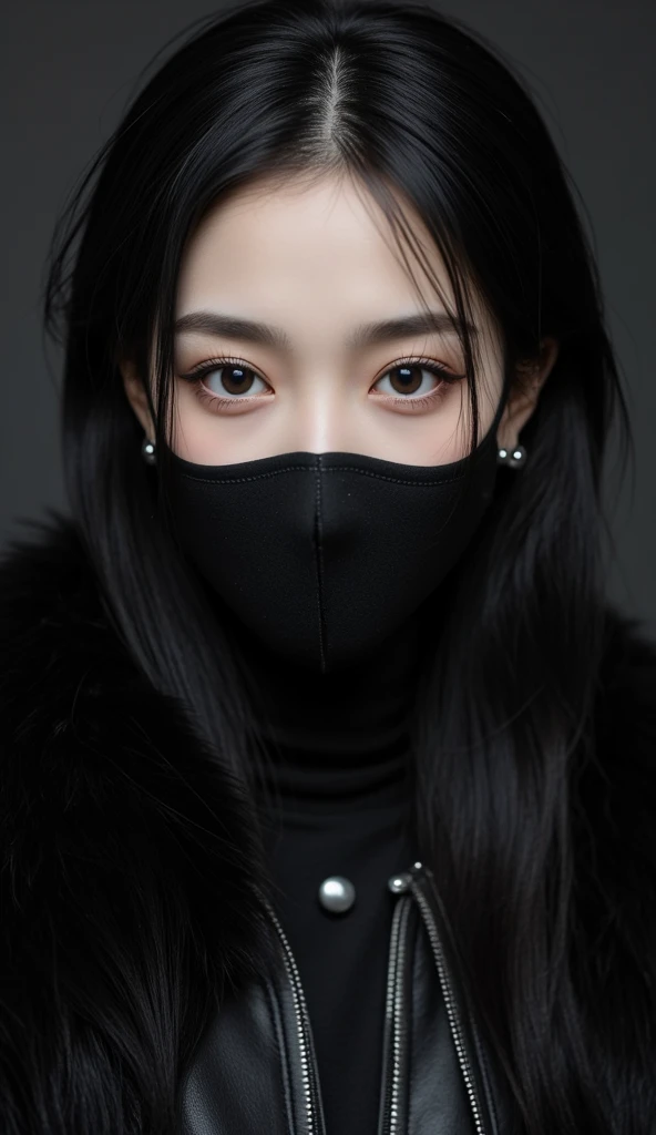 White pale skin, long hair, Mouth mask, Black leather pants, mature, long fur , earring, Mouth mask
