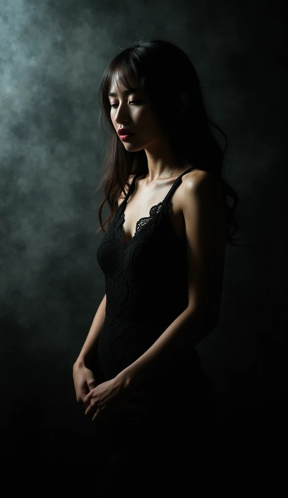 "An Indonesian young woman in a masterpiece of dark photography art, standing in a moody, dimly lit setting. She wears a sensual yet elegant black lace ensemble, accentuated by soft, dramatic lighting that highlights her silhouette. Shadows and light dance...