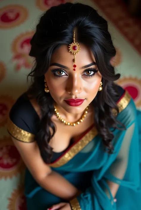 Pov camera view, Indian milf on her knees, looking at camera, with lust in her eyes, black hair tied around, flowers in head,sandal mark on forehead, sindhur on forehead (vermilion mark on forehead in the middle of hair partition,transparent blue Saree, da...