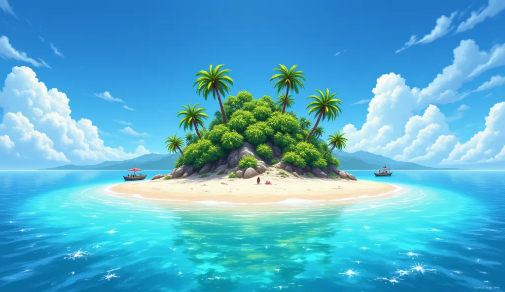 empty small island in the middle of a body of water, concept art, inspired by Luigi Kasimir, beach sand background, steam workshop maps, sparkling cove, painted in anime painter studio, tropical beach paradise, background image, on a sunny beach, lina, ite...