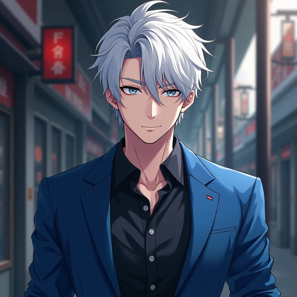 Anime pictures , 4K,person,Age 30,  White hair,Wear a blue jacket, Black inner shirt,,handsome korean face,The background is a mafia ,masterpiece, Accessories, depth of sharpness, 