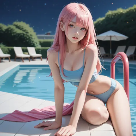 A girl. Pink hair with bangs. Night pool 