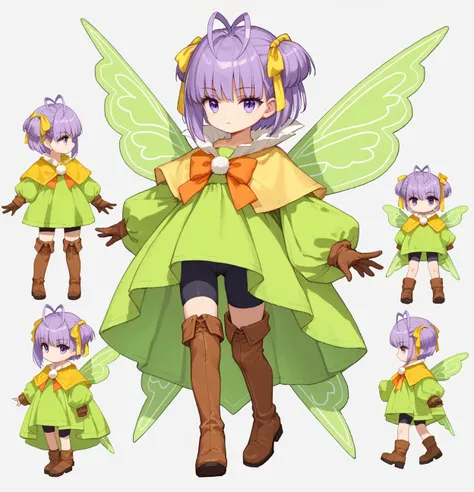 ((Sprite Sheet:1.2)),ドヤ顔,1girl,((masterpiece,best quality:1.2)),Muryan,antenna hair,bike shorts,short hair,green dress,purple hair,single sidelock,(yellow ribbon:1.2),orange ribbon,purple eyes,brown gloves,brown thigh boots,fairy wings