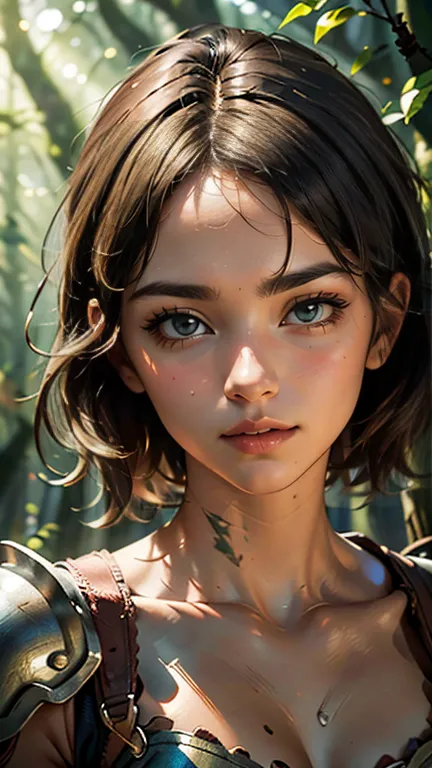 1girl, human, beautiful, short dark hair, green eyes, archer in the forest, leather armor. Light armor. Walking on a forest, Forest, fantasy forest. Trees, greenery, scenery. Detailed forest. 