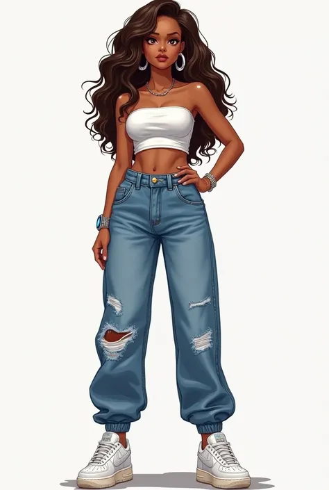 A girl with the height of 4'10 , wearing a baggy jorts  and a tube top with white air forces . She has caramel skin, and has wavy mid length hair with  medium silver hoop earrings . A silver watch and bracelet on the left arm , a sapphire siver ring on the...