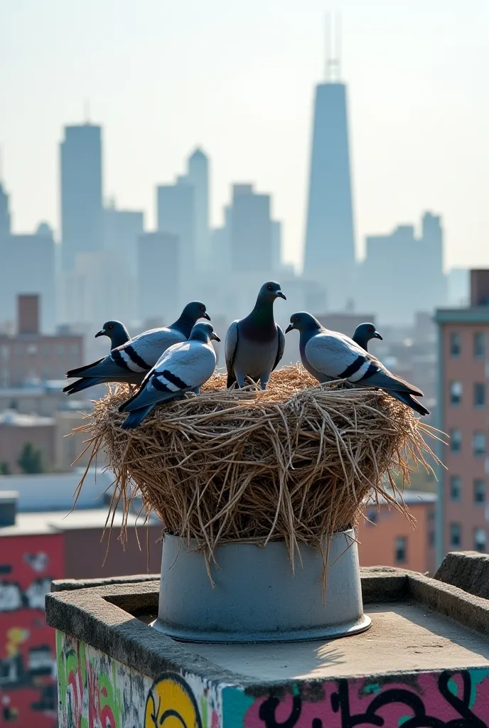 
4. Urban Jungle - Pigeons Nesting on a Rooftop: An interesting cityscape featuring pigeons building their nest on a busy urban rooftop, with the skyline in the background and colorful graffiti on the walls. 
