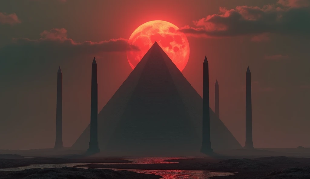 create a realistic image of the submitted photo , a large pyramid surrounded by 4 large obelisks surrounding it ( The sky is dark and reddish  ) Is the pyramid black. The pyramid is inside the obelisks . THE ENVIRONMENT IS REDDISH WITH A RED MOON