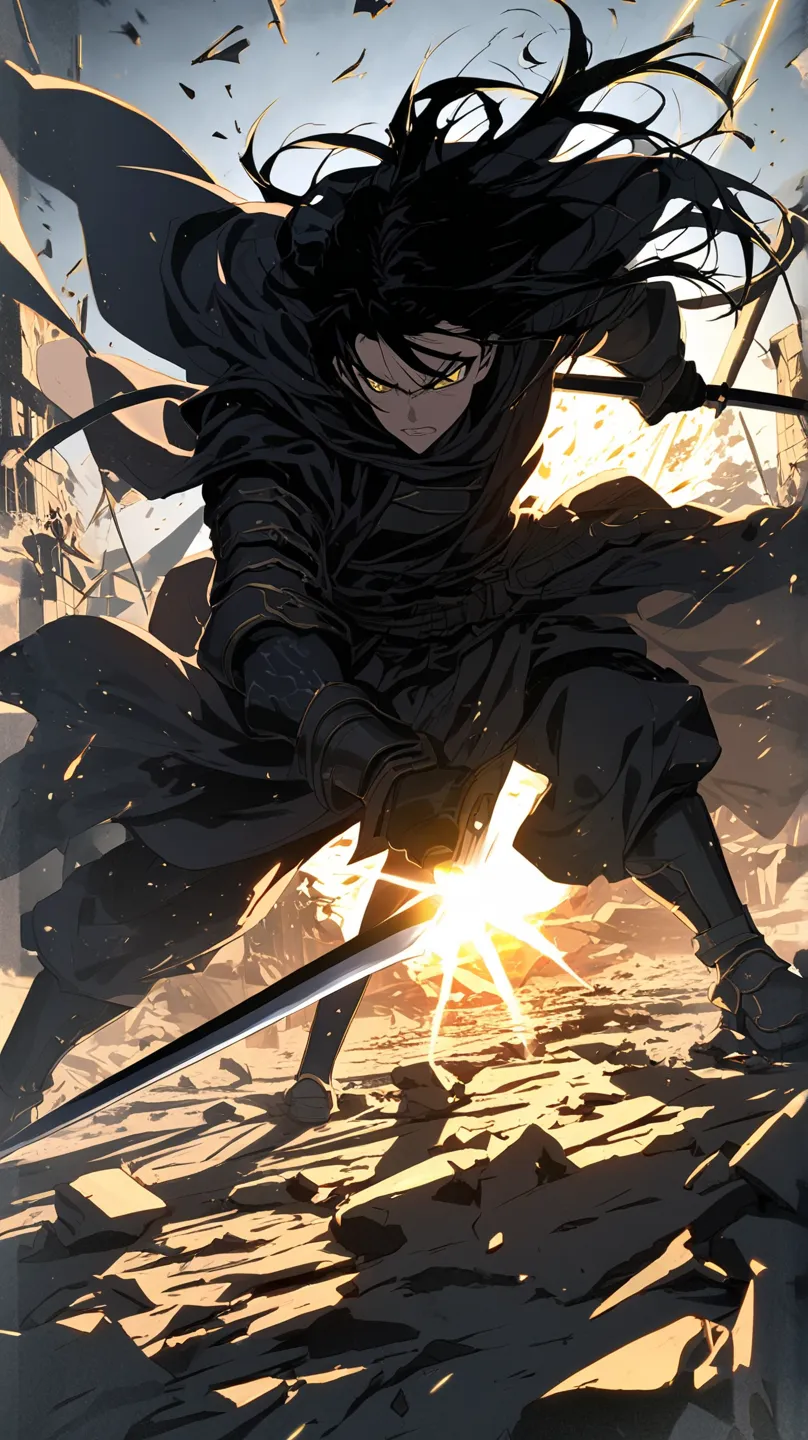 swordsman with black hair, yellow eyes and black clothing in battle pose fighting another man, destroyed scenery
