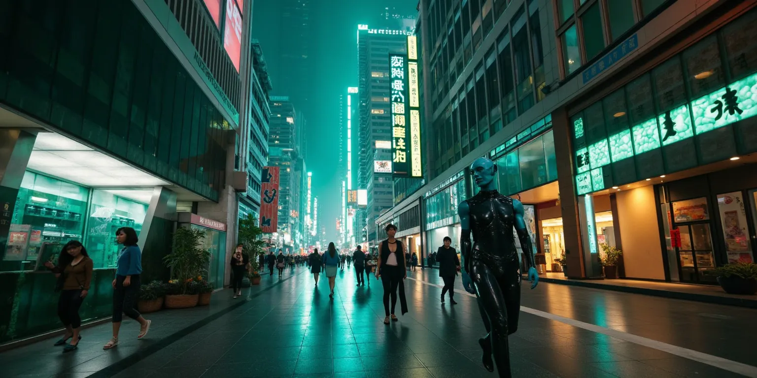 jade and crystalline modern city, building etched and painted with Asian stylings, some buildings brilliantly lit with colorful fluorescent lights, the pedestrians are blue skinned frog men (huge eyes, humanoid, mottled blue skin, long fingers, black cyber...