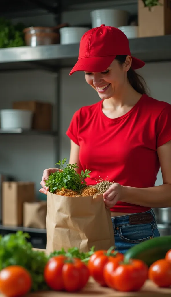 Create a realistic image of a woman in an industrial kitchen wearing a red t-shirt, blue jeans and a red cap, taking vegetables and spices out of a brown paper bag. You can see that this is a pizzeria kitchen and that on the table there are several other v...