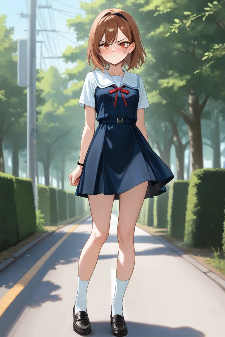 One School girl , short brown hair, orange-red eyes, small breasts, small breasts, small breasts, standing confidently, school dress, full body image from head to toe. Tsundere vibe on face, black band on her left wrist. Standing on a road infront of lots ...