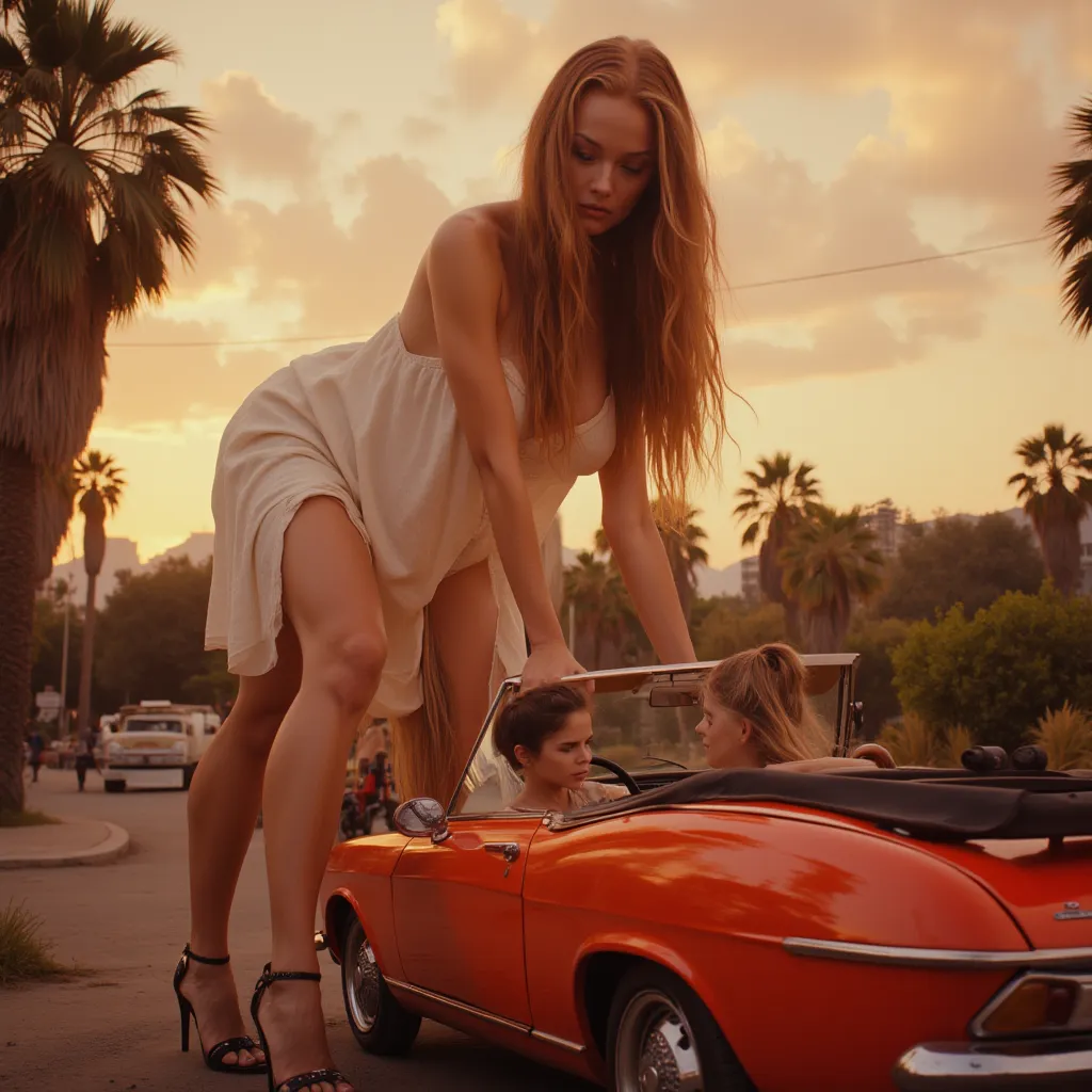 The scene is set on a warm summer evening, the sky painted in hues of orange and pink as the sun sets. A bright red convertible is parked in the foreground, its top down, and the camera perspective is from above, using a wide-angle lens to capture the enti...