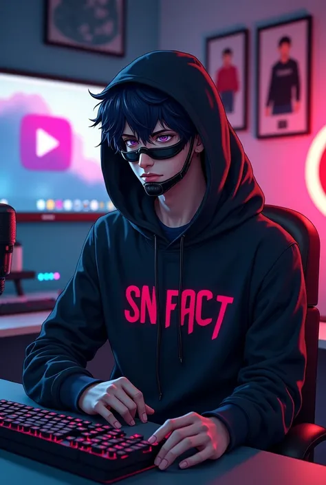 Create a anime boy who have a  mature looking like a man facing in front  he is a  YouTube content creator, sitting in his studio with futuristic gadgets, and there is mic near him ,wearing black hoodie, write SN FACT in a black hoodie with black mask, and...