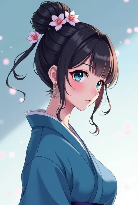 Women who have an aura like royalty, silent but soothing, charming , elegant, wears blue hanfu and her hair in a bun with pretty decorations
(Gambar style anime) 