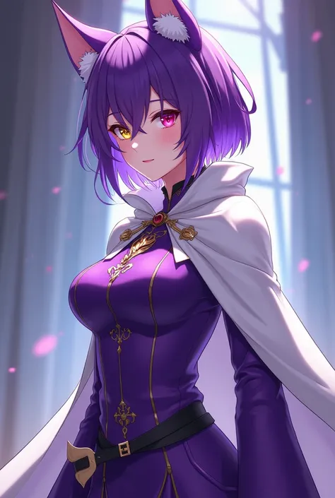 An anime-style adult girl with short, Purples, pointed sideways and with the ends of the hair being white with one eye being red and the other eye being yellow, with the clothes being a purple adventurer's and magician's clothing and with a white cape,  wi...