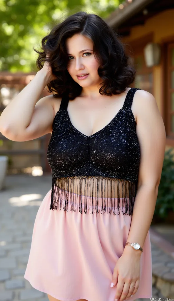 an Russian cute actress hot plus size standing outdoors in what appears to be a garden or park. They have curly black hair and are posing with one hand on the back of their head. They are wearing a sleeveless, shimmering black top with fringe details at th...