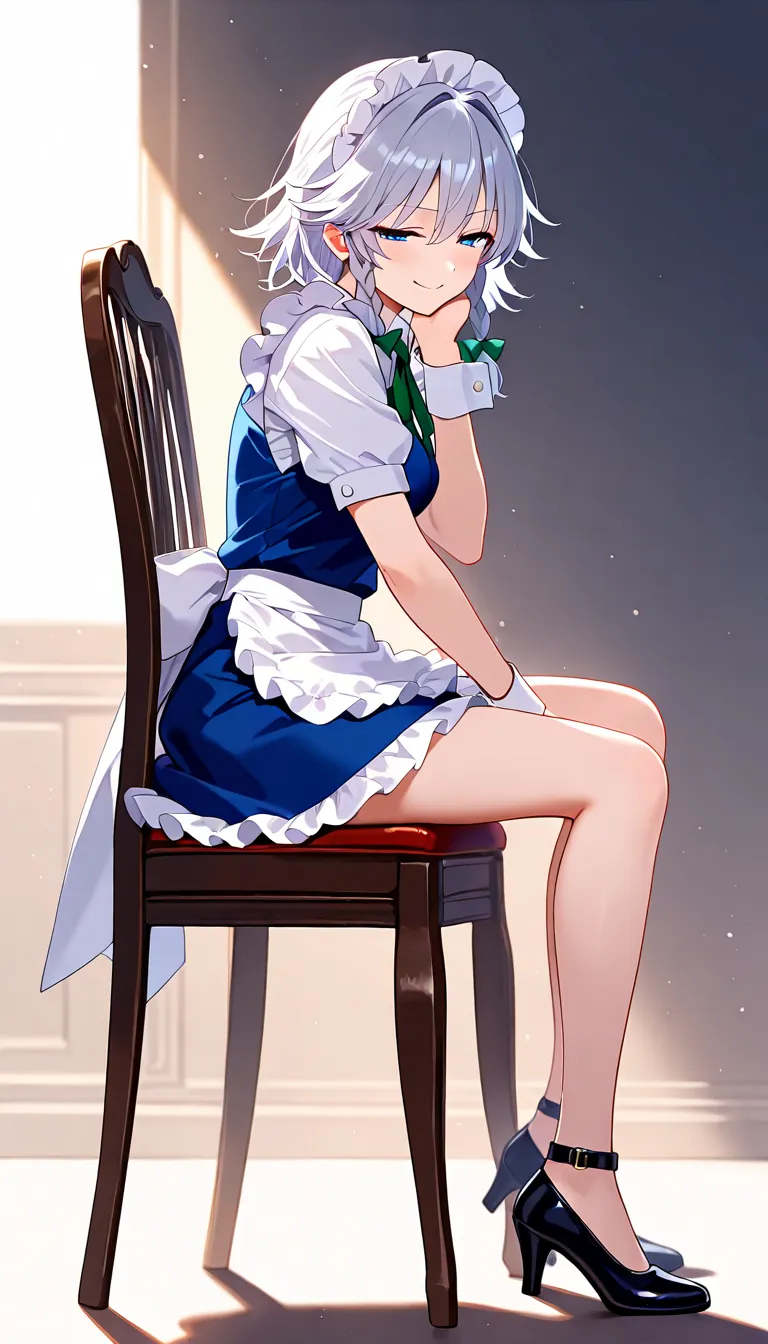 high resolution, 1girl, izayoi sakuya,  half closed eyes, blue eyes, wrist cuffs, forced smile, from side, sit on a chair, full body,