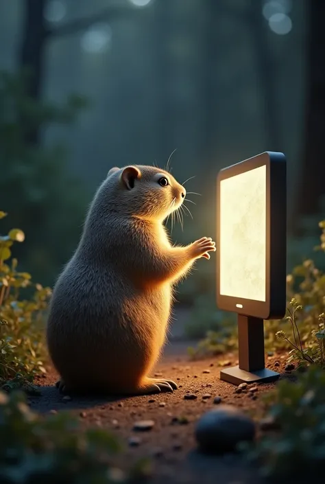 A groundhog with its back to the foreground is looking at a screen.