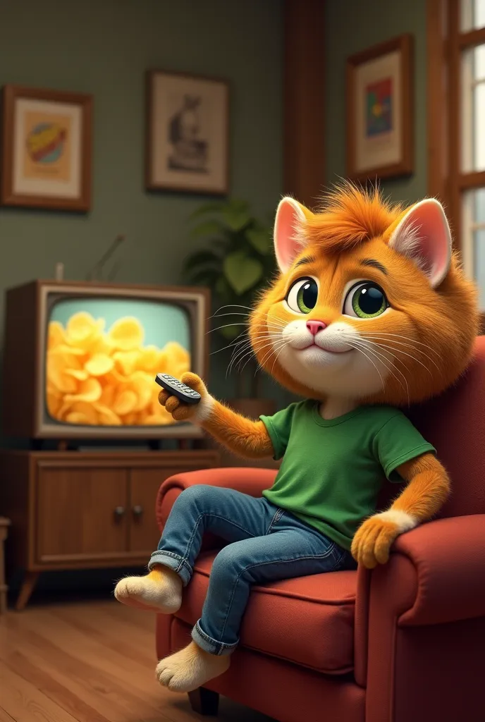 A whimsical scene featuring a cartoonish cat with a fluffy mane, resembling a young , sitting on a cozy sofa in a retro-styled living room. The cat is wearing a green t-shirt and denim jeans, holding a remote control in its paw. In front of it, an old tele...