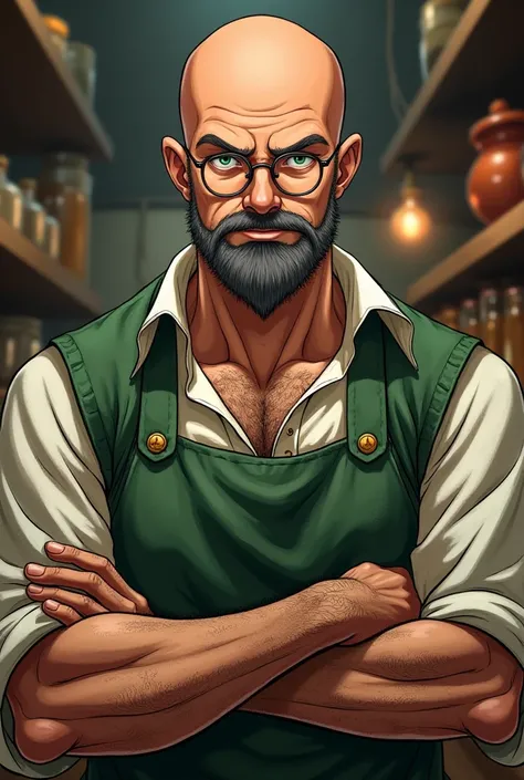  40-year-old male, calvo ,with beard ,green eyes and glasses as if he were a pirate cook from the anime series One Piece 