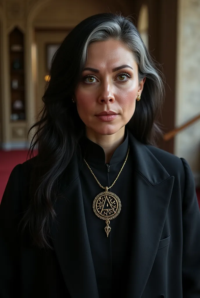 Desi Lydic as a Miskatonic University professor. Female. Mysterious and Alluring Archeology Professor. Elegant with graying raven-black hair, pale skin, and piercing amber eyes. Always adorned in Gothic academic attire, with a necklace bearing an ancient s...