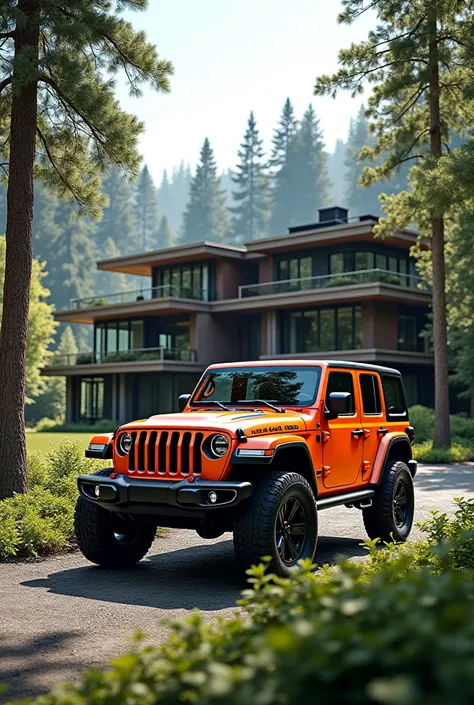 8k rendering image shows 4x4 Jeep parked in orange in front of luxury house in forest 