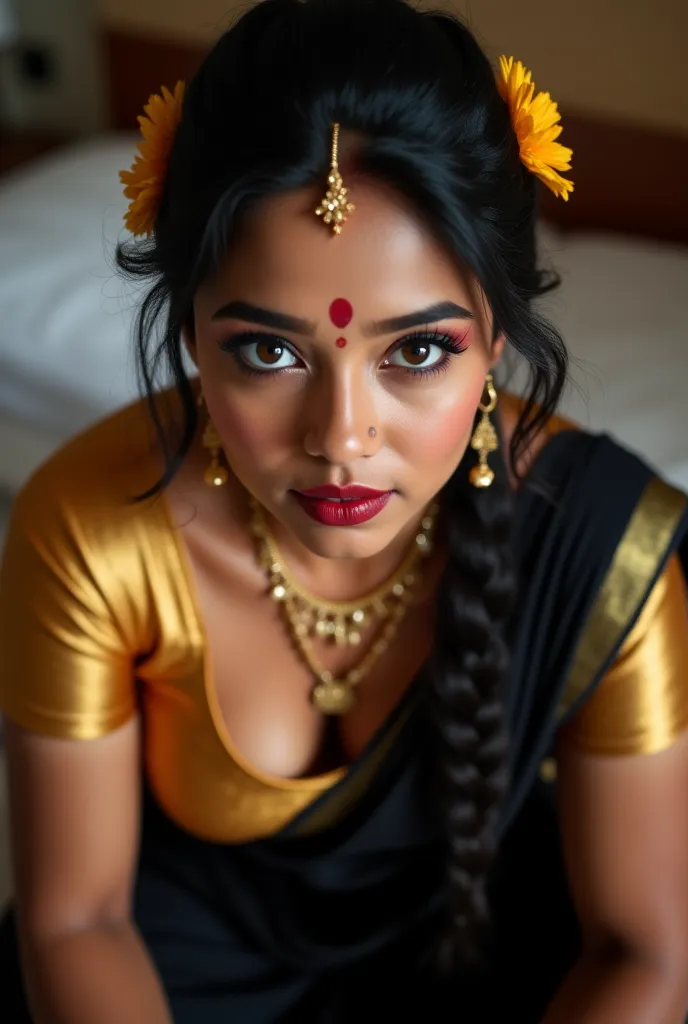 Pov camera view, Indian milf on her knees, looking at camera, with lust in her eyes, black hair tied around, flowers in head,sandal mark on forehead, sindhur on forehead (vermilion mark on forehead in the middle of hair partition,black saree , dark red lip...