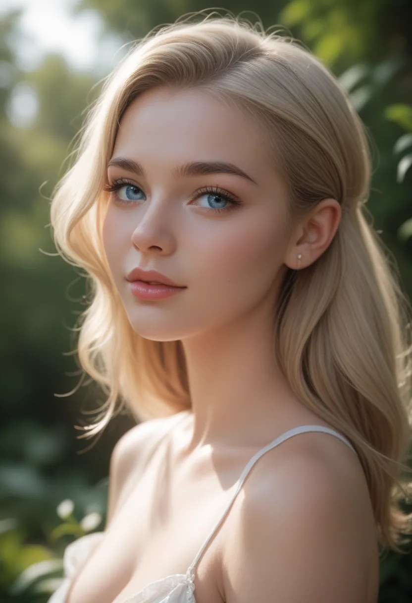 a portrait of an 18-year-old girl with straight blonde hair and bright blue eyes. She has full lips and a gentle, soft expression. Her skin is smooth and fair, with a natural glow. The background should be soft and neutral, with a warm lighting that enhanc...