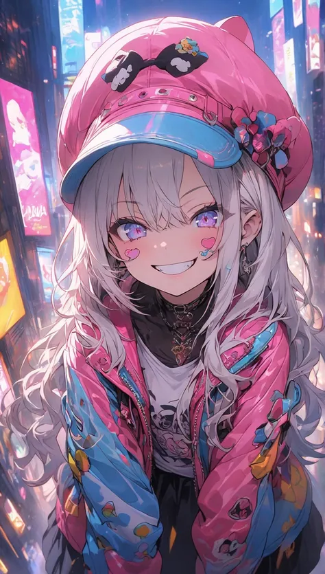 anime girl wearing a hat,  white hair, Neon pink and blue street background , scar,  stickers , smirking icon standing on the podium