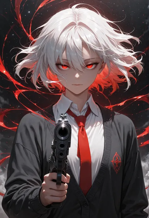 high resolution,  masterpiece, accurate, Anatomically accurate, top quality, high detail with stars,  1 man with a gun,  white hair, hair scattered in the wind, Red lifeless eyes, white shirt, red tie, black cardigan