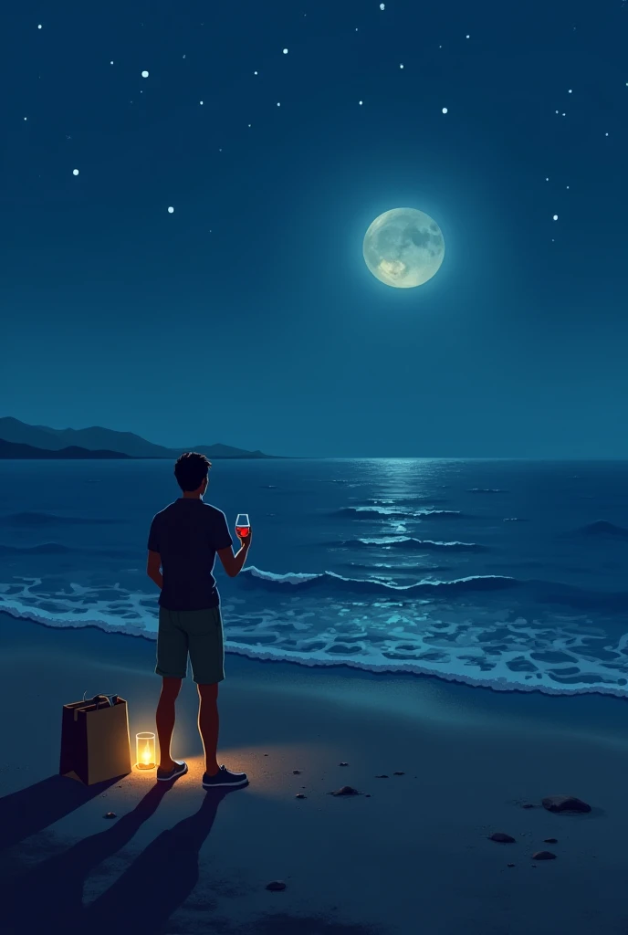 Create an image on a beach in Cartagena on the seashore, At night with few stars and the waxing Moon, with wine in a paper bag where only the feet of the person taking the photo can be seen 