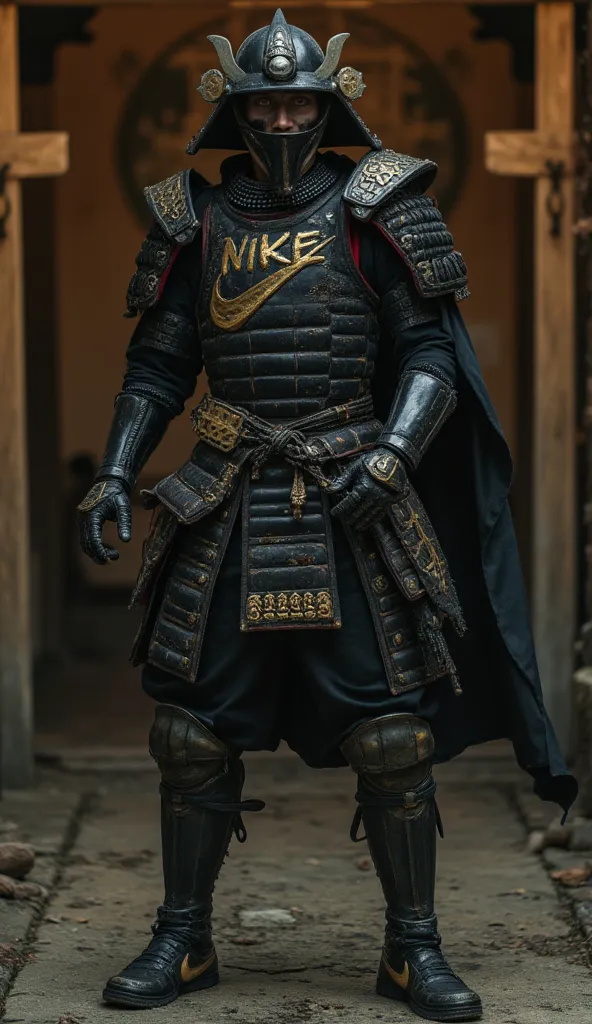 samurai in an epic scene, with shiny black armor, big nike written on the chest in gold with arabesques engraved on the metal, zombie samurai, scene with a horror atmosphere, he wears black metal Jorden sneakers with the nike logo in gold, 