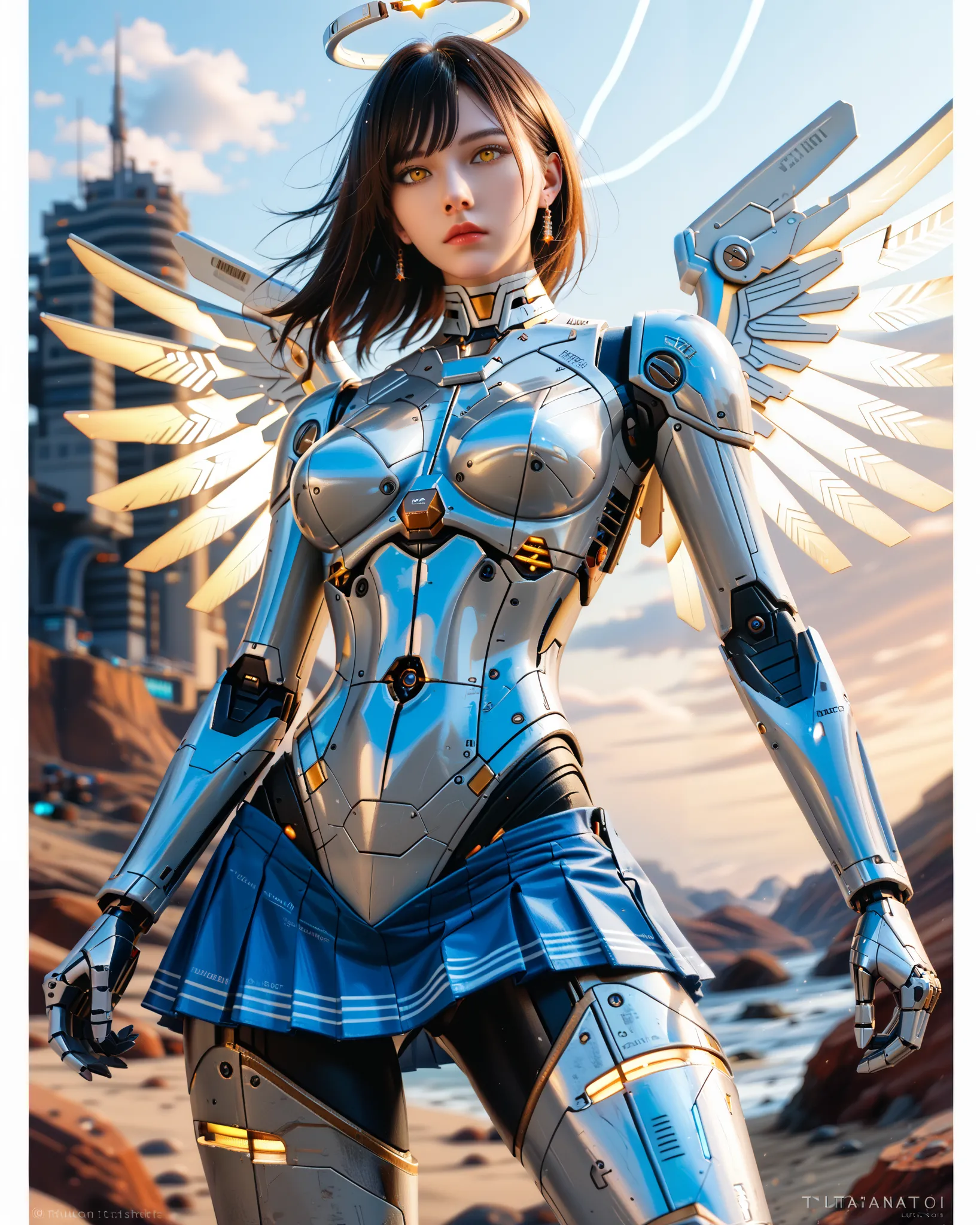 (((masterpiece))), (realism, realism texture, (science fiction, distant future), (top Quality, High Quality, top resolution, high resolution, (ultra detailed, high detailed))), (beautiful angel robot girl, she is incredible machine:1.3), (beautiful face), ...