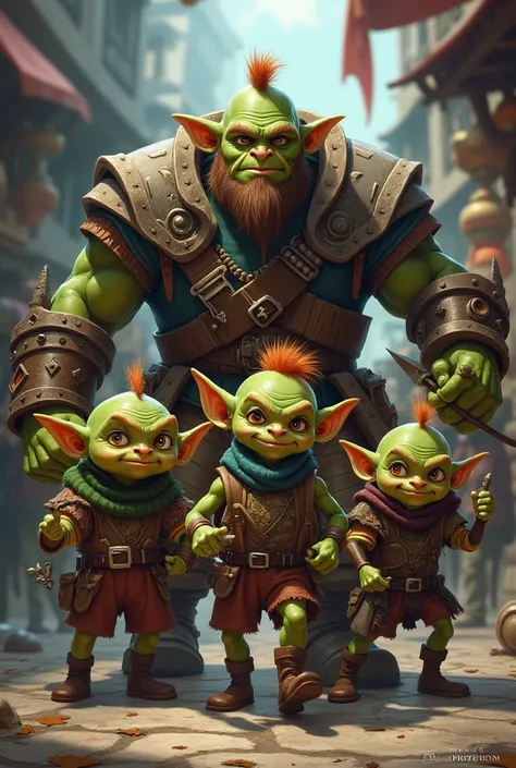 A five Goblin band with a orc bodyguard 