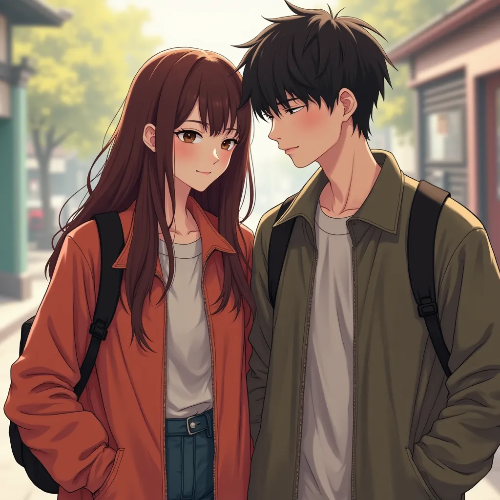 a beautiful korean woman, long haired maroon brown, white-skinned, round-eyed , nasolabial,  lips slightly thick, chubby cheeks,  and a handsome Korean guy , they wear ootd complete casual attire as well as flying fox attributes, they're hanging out in the...