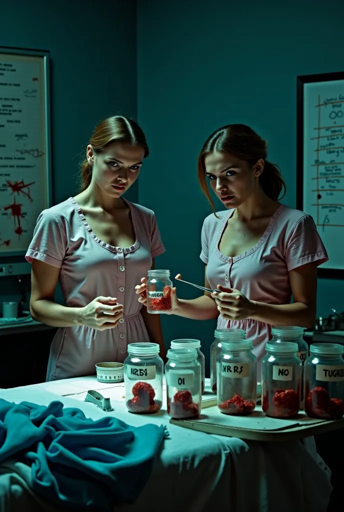 An operating room that looks like a dungeon with dim and spooky lighting. in the foreground, two intimidating actresses are standing next to an operating table. One holds an empty bottle labeled with a number, while the other one is holding a knife . Both ...