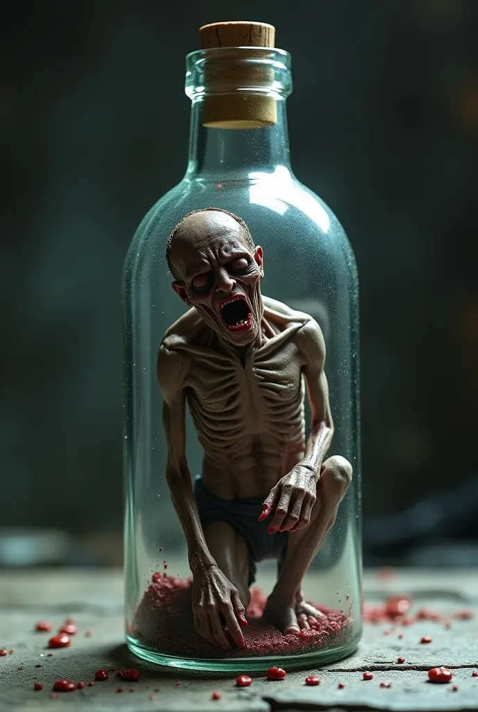 Twisted person trapped inside a small bottle