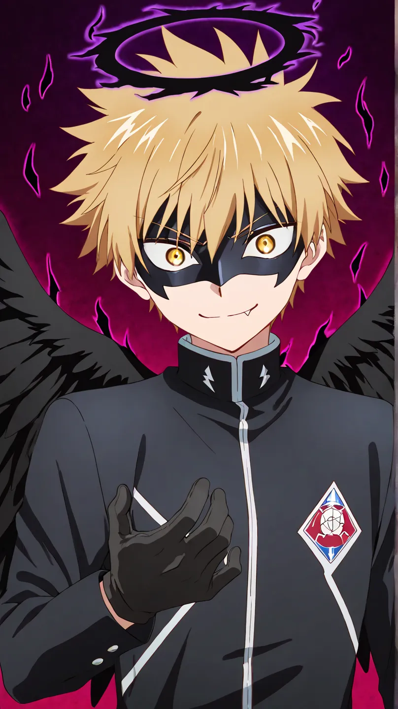 Full pure black hero masked men anime, solo, male focus,black angle uniform,black mask,black eye mask,glove,fallen angel,1boy,fang out,male focus,big black angel wing,black aura halo,golden eyes,inuzuka shuu, blonde,Psycho expression,hush middy,brokewing,h...