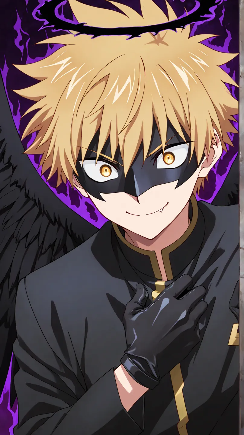 Full pure black hero masked men anime, solo, male focus,black angle uniform,black mask,black eye mask,glove,fallen angel,1boy,fang out,male focus,big black angel wing,black aura halo,golden eyes,inuzuka shuu, blonde,Psycho expression,hush middy,brokewing,h...