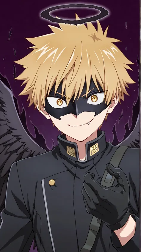 Full pure black hero masked men anime, solo, male focus,black angle uniform,black mask,black eye mask,glove,fallen angel,1boy,fang out,male focus,big black angel wing,black aura halo,golden eyes,inuzuka shuu, blonde,Psycho expression,hush middy,brokewing,h...