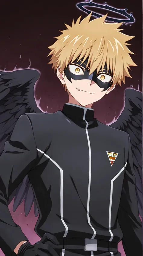 Full pure black hero masked men anime, solo, male focus,black angle uniform,black mask,black eye mask,glove,fallen angel,1boy,fang out,male focus,big black angel wing,black aura halo,golden eyes,inuzuka shuu, blonde,Psycho expression,hush middy,brokewing,h...