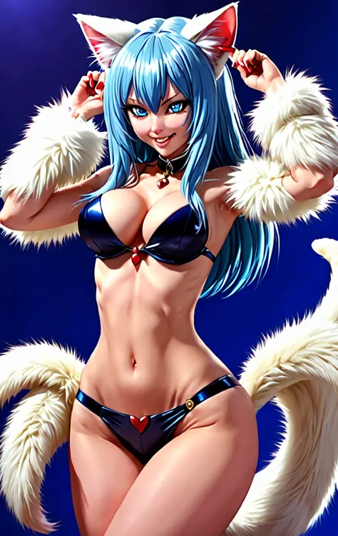 check_9, check_8_ upwards, check_7_ upwards, BREAK,   ФелицияSDXL, 1girl, One, long hair, Breasts, Looking at the viewer,  smile, Blue eyes, huge Breasts,  navel, animal ears, very long hair,  blue hair ,  tail, full body, hips, language, cat ears, languag...